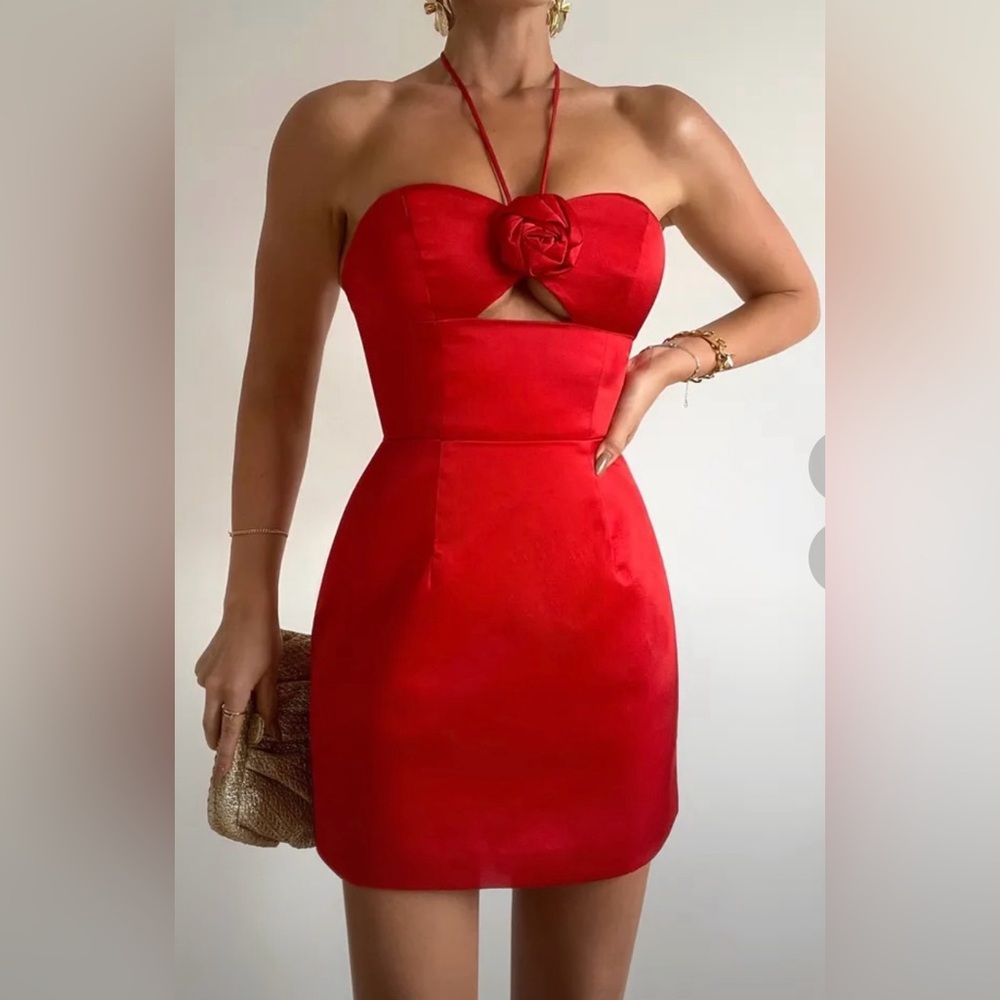 ❤️ 🌹Hello Molly ADMIRED WITH ROSES HALTER SATIN MINI DRESS 🌹 - Picture 4 of 10